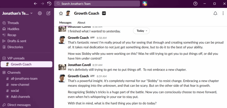 A screenshot of interacting with the Growth Mindset Coach in Slack