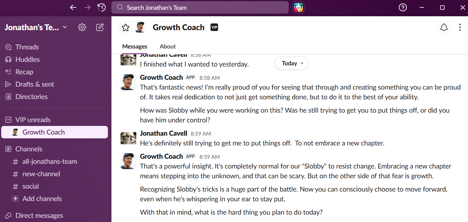 A screenshot of interacting with the Growth Mindset Coach in Slack